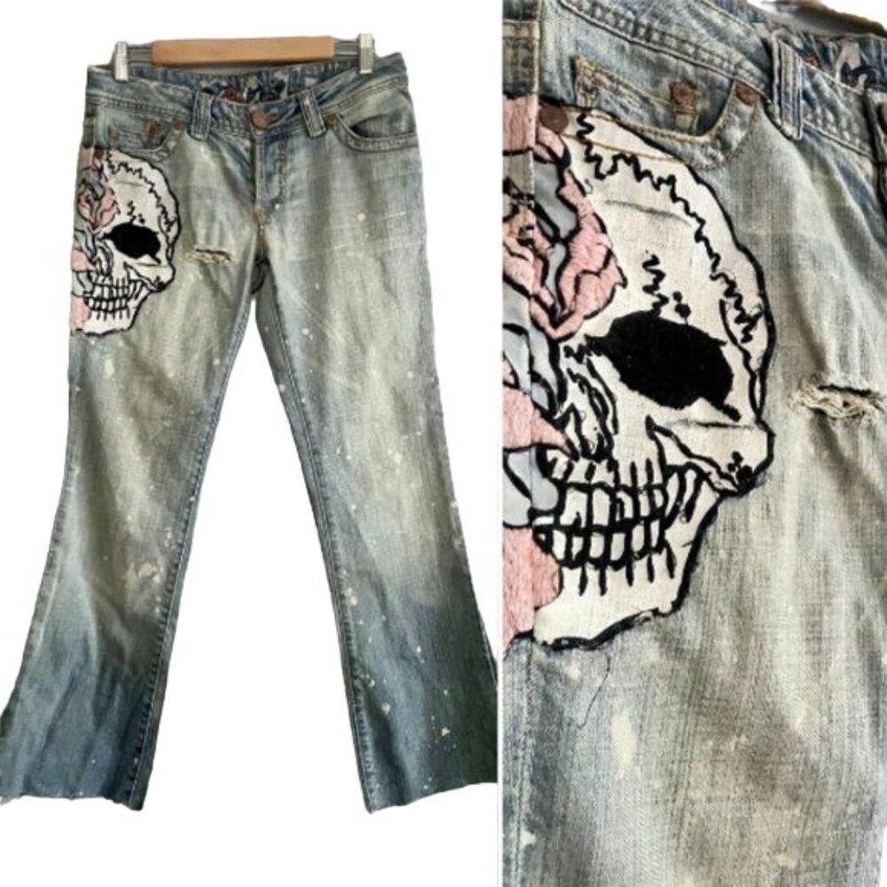 90s Grail Jeans with Skull Distressed Boot cu Ripped Bleached Size 27 4